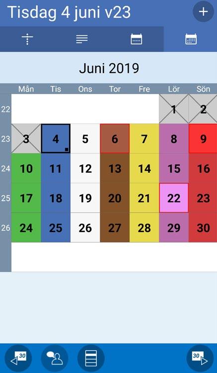 12. Månadsvy Via Månadsvy kan man få en överblick av sin planering. För att komma dit trycker man på Månadsvy-knappen i den övre toolbaren. Man kan stega månadsvis framåt och bakåt med knapparna.