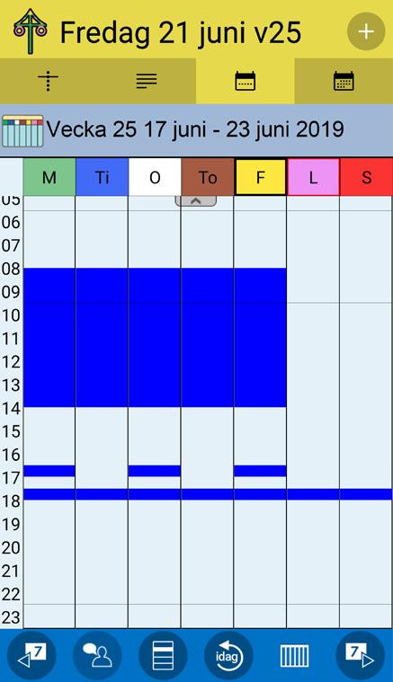 13.1 Timvy Via Timvy-knappen ställer man om Veckovyn till timvisning. Då kan man se ledig/upptagen tid istället för planerade aktiviteter. Det är inställbart om Timvy-knappen ska visas i Veckovyn.