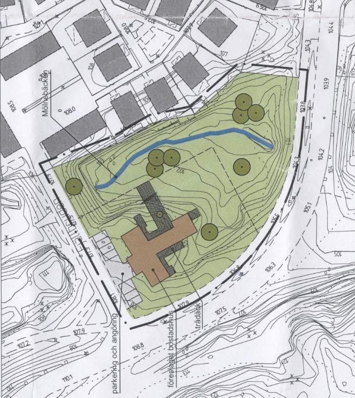 Karta Illustrationskarta över planområdet vid Fjällbruden. Området är grönt, planerad bebyggelse ljusbrun, parkering grå och Mölnebäcken blå.