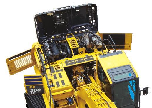 Enkelt underhåll Skärm för grundläggande underhåll Viktiga servicepunkter Komatsu utformade PC360LC/NLC-11 med centraliserade och bekvämt placerade servicepunkter, nödvändiga inspektioner och