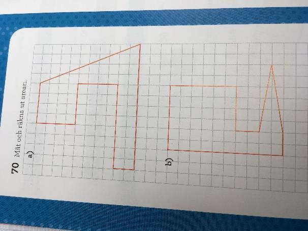 Två av uppgifterna synliggör arean för sammansatta figurer genom att dela upp figurerna i olika geometriska former med hjälp av streckade linjer.