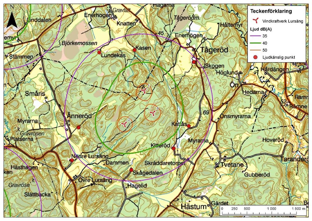 Figur 9. Ljudutbredning runt Lursängs Vindkraftpark till vänster i bilden syns en del av 40 db(a) och 35 db(a) kurvorna från Neanberg och Kil.