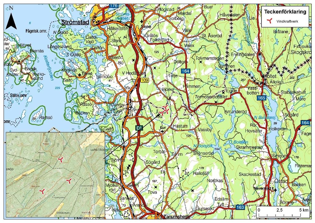 Lokalisering Lursäng Vindkraftspark är planerad i Tanums kommun på gränsen till Strömstads kommun.