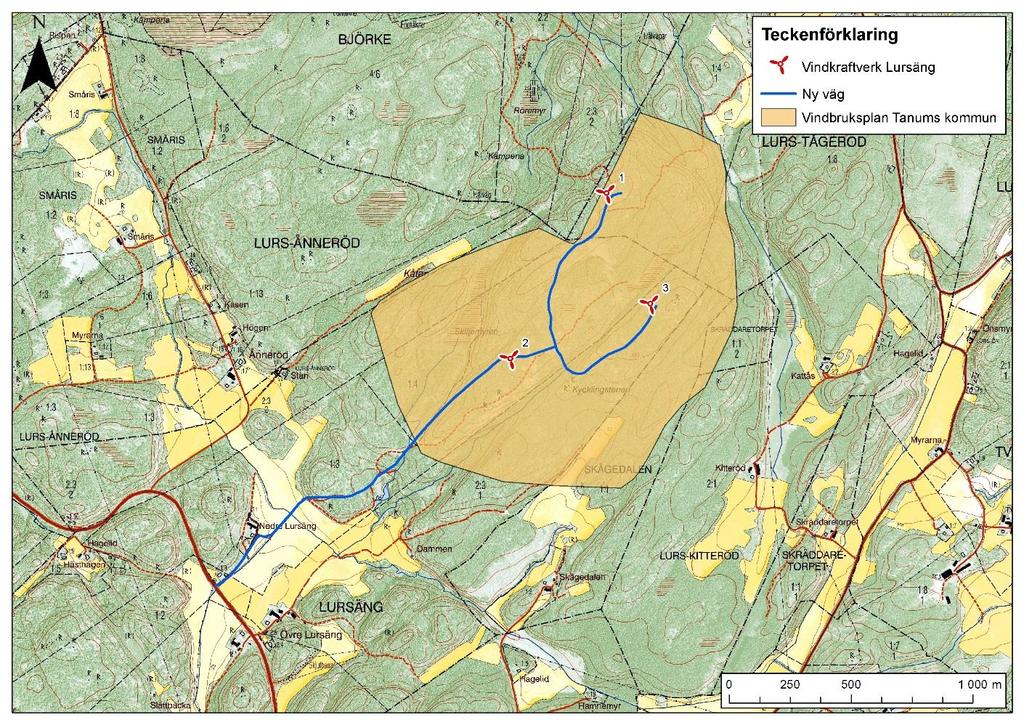 Figur 4. Lursängs Vindkraftpark i förhållande till vindbruksplanens utpekade område A:3.