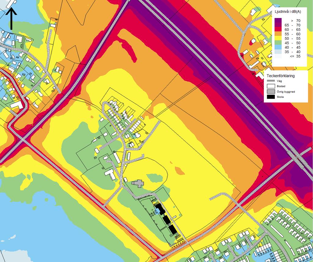 3. Resultat Resultatet visas som ljudutbredningskartor och ljudnivå vid fasaden mot väg E4 på förskolan. Ljudutbredningskartorna finns även som bilagor.