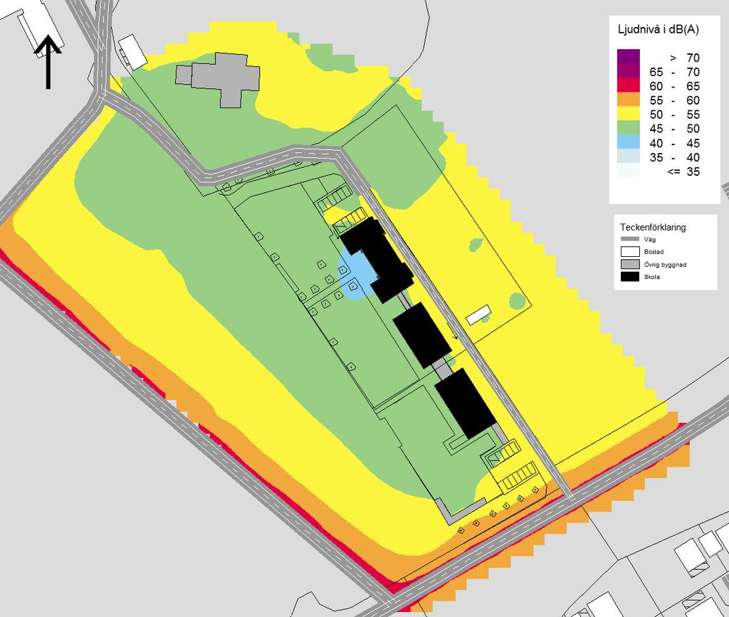 Ekvivalent ljudnivå De delar av Vaksala kyrkskola som överskrider riktvärdet på 50 db(a) är endast mindre delar av den södra förskolegården och ingen del överskrider 55 db(a).
