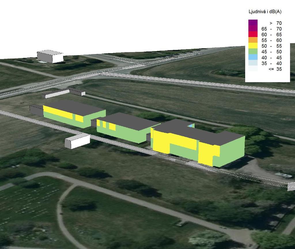 Figur 5. Ekvivalent ljudnivå på fasad mot väg E4 2040 4. Åtgärder Med nuvarande utformning av byggnaderna krävs inga åtgärder för att riktvärdena för ekvivalent och maximal ljudnivå ska innehållas.