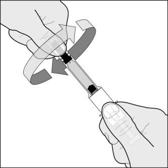 Avlägsna nålskyddet genom att först vrida det (bild B1) och sedan dra av det, i en linje rakt ut från sprutan (bild B2). Kassera nålskyddet.