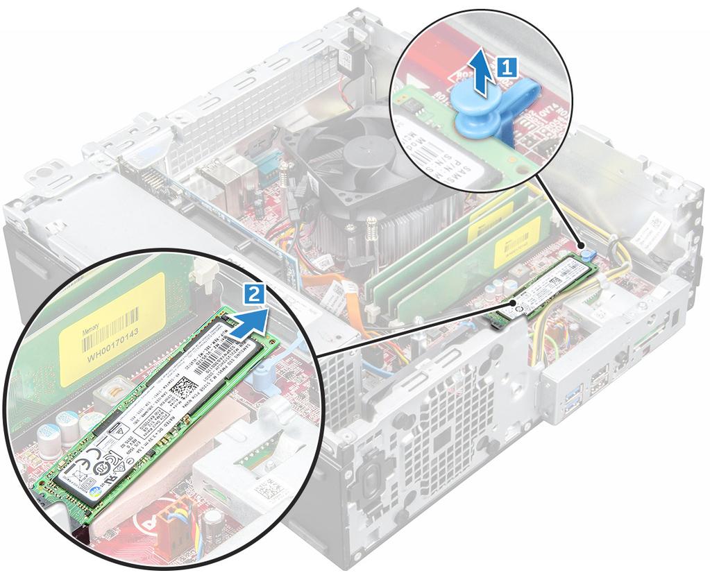 Installera M.2 PCIe SSD-kortet 1 Sätt i M.2 PCIe SSD-kortet i kontakten. 2 Tryck på den blå fliken för att säkra M.2 PCIe SSD-enheten.