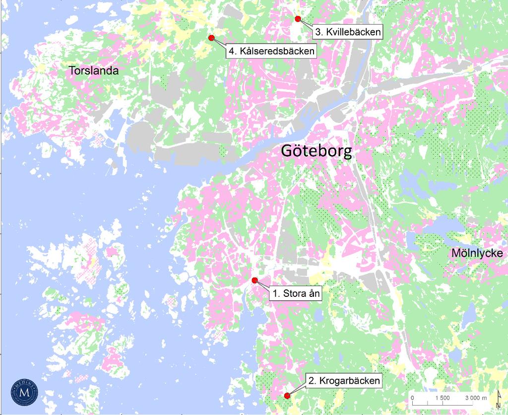 3 Resultat Undersökningen omfattade två vattendrag på Hisingen: Kålseredsbäcken ett biflöde till Osbäcken som mynnar ut i Björlanda kile och Kvillebäcken vid Hökälla, som rinner ut i Göta älv.