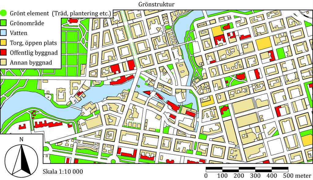 I planområdet dominerar främst infrastrukturen och bebyggelsestrukturen. Grönstrukturen är begränsad och koncentrerad.