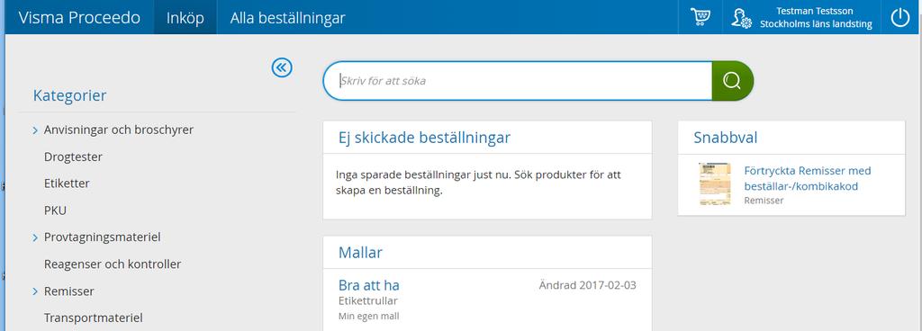 4 (15) Snabbguide för beställning 1. Klicka på fliken Inköp. En sida med produktkategorier, sökfält och snabbval visas. Snabbval är produkter som beställs ofta och som är upplagda för snabb åtkomst.