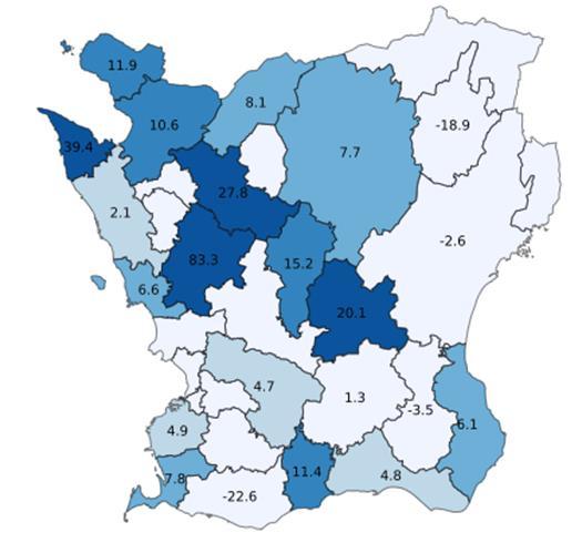 Även camping (+9,4 %), stugby (+8,4 %), hotell (+3,4 %) och vandrarhem (+2,4 %) ökade. 6 18 av Skånes kommuner ökade Fig. 6. Gästnätter per boendetyp i Skåne.