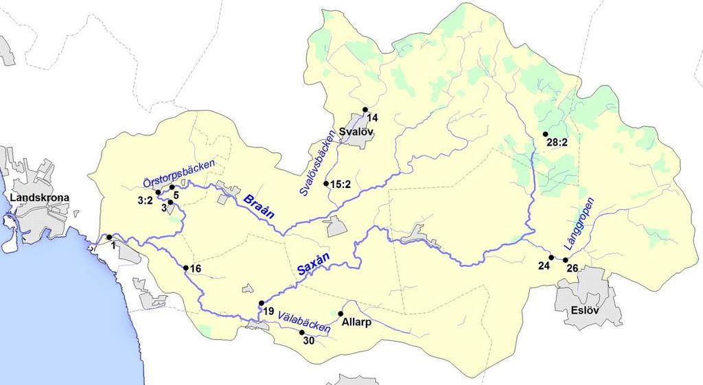 Saxån Braån provtagningsstationer 18 Omfattning av det samordnade vattenkontrollprogrammet 18 Vattenkemi Transport Met. mossa Met. vatten Bek.medel Bottenfauna Kiselalger 14.