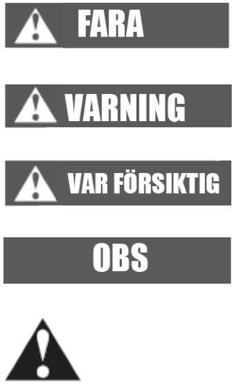 Symbolförklaring Fara som kan orsaka allvarliga skador eller livsfara Fara som kan orsaka allvarliga skador