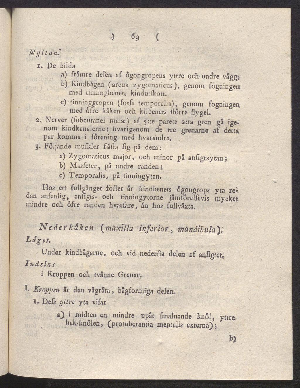 Nyttan *) ^9 ( 1. De bilda a) främre delen af Ögongropens yttre och undre vaggj b) Kindbågen (arcus zygomaticus), genom fogningen med tinningbenets kindufflrott.