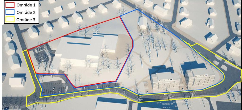 I område 2 (blå i Figur 15) planeras två flerfamiljshus i kanten av parken nedanför simhallen. Bostäderna ska upplevas som hus i parklandskap med tillgång till park för allmänhetenen.
