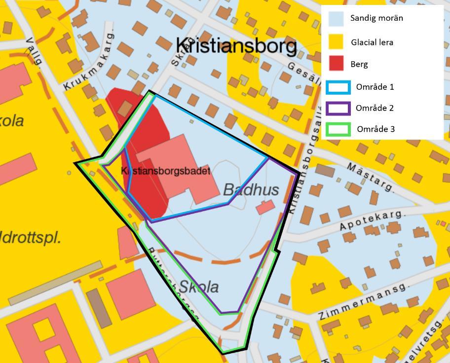 3.2 GEOLOGISKA FÖRHÅLLANDEN Geologiska förhållanden i planområdet visas i Figur 8. Område 1 ligger delvis på sandig morän och berg. Hela området 2 ligger på sandig morän.