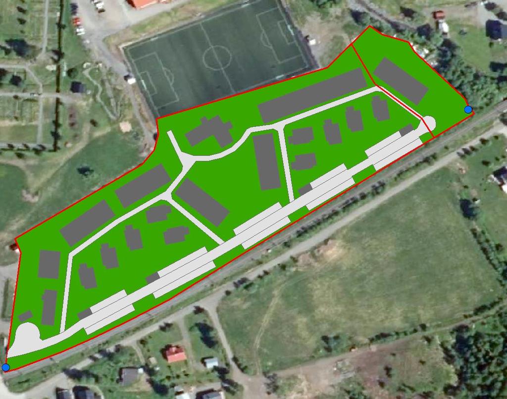 Figur 5. Framtida markanvändning karterade i ArcGIS med hårdgjort (ljusgrått), takytor (mörkgrått) och parkmark (grönt). Utsläppspunkt för dagvatten markeras med blå cirkel.