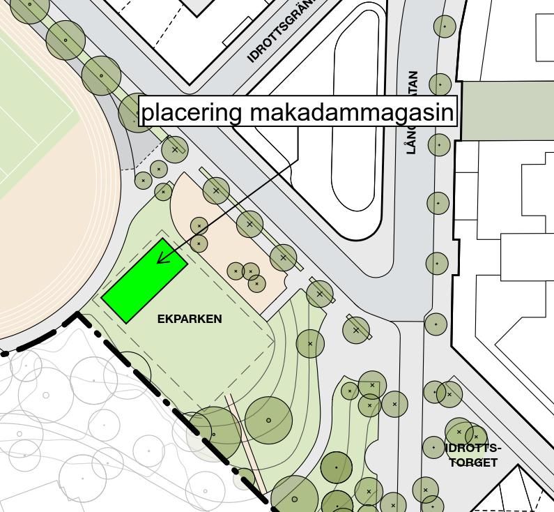 Figur 8. Placering av makadammagasin under fotbollsplanen i Ekparken. 201917 8.4. LOD på kvartersmark Krav ställs på kvarteren avseende lokalt omhändertagande av dagvatten.