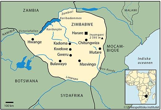 Yta 390 757 km2 (2017) Tid svensk + 1 timme Angränsande land/länder Mocambique, Sydafrika, Botswana, Zambia Huvudstad med antal invånare Harare 1 726 000 (uppskattning 2010) Övriga större städer