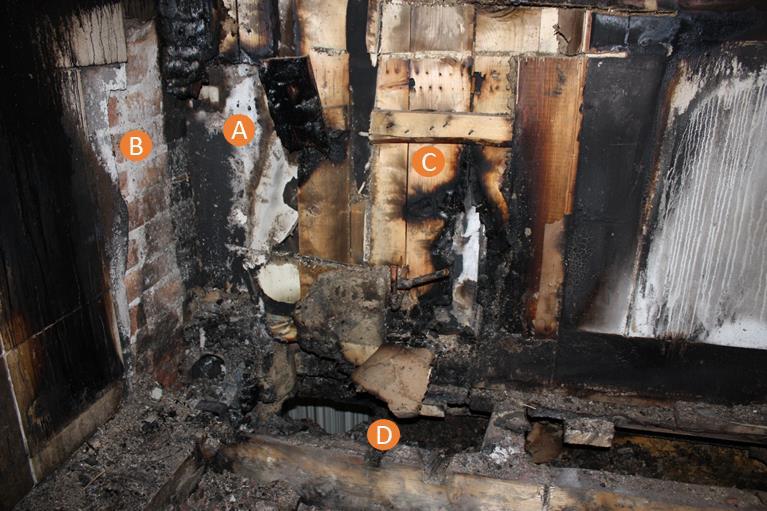 10 Bild 2 Brandmönster i kök på plan 3 Ingen betydande förkolning noterades kring vattenrören (3A).