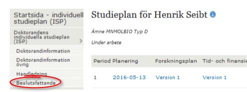 5.3 Att tillfråga beslutsfattare för doktorands ISP och ämne Det åligger huvudhandledaren att se till att rätt beslutsfattare är kopplad till rätt doktorands ISP.