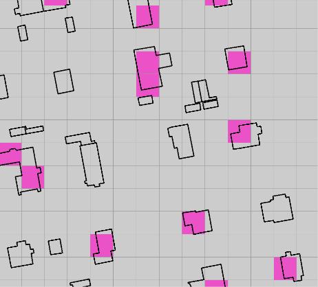 Metoderna som använts är: Blått= om centroiden i pixeln berörs av en byggnad, Rosa = om pixeln till största delen berörs av en byggnad, Orange = pixeln berörs av byggnaden.