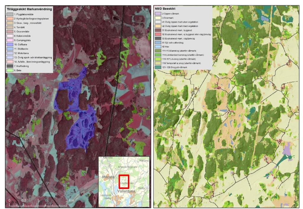 Markanvändningen visar var betesmarken finns och tillläggskiktet Objekttäckning visar var det finns buskmarker (0,5 till meters höjd) utanför det som är karterat som skog inom NMD