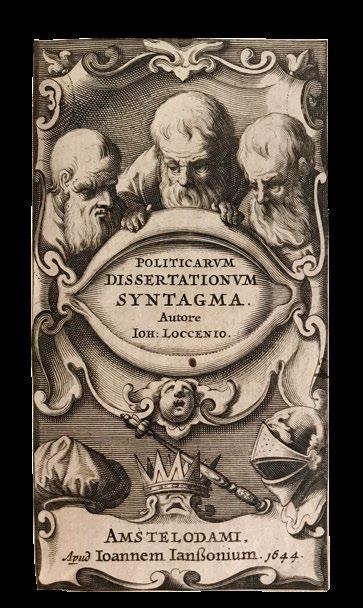 14. 14. LOCCENIUS, J. Politicarum dissertationum syntagma. Amsterdam, apud I. Ianssonium, 1644. 12:o. Grav. titelblad,(22),540 s. Samtida pergamentbd med svagt upphöjda bind och handskriven ryggtitel.