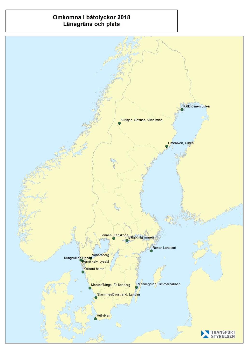 3.3 Dödsolyckornas geografiska fördelning Kartan visar var 2018 års olyckor inträffade. Det omkom en person vid var och en av de 14 olyckorna.