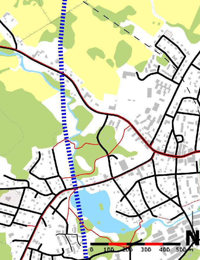 3.6.2 Alternativ 2: Centralt i västra Torsås Järnvägen dras genom samhällets västra del, över sjön Vallmansgöl FÖRDELAR NACKDELAR - Järnvägen hamnar i ett mycket centralt läge då området är