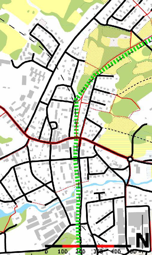 Detaljplanerade områden kring Applerumsån Kurvig sträckning Nytt bostadshus 3.6.3 Alternativ 3: Centralt i Torsås Järnvägen dras genom centrala Torsås, i huvudsak längs den gamla sträckningen.