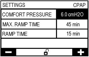 Tryck på för att gå till nästa parameter i menyn. Comfort pressure (Komforttryck): den trycknivå som apparaten producerar i rampfunktionens inledningsskede.