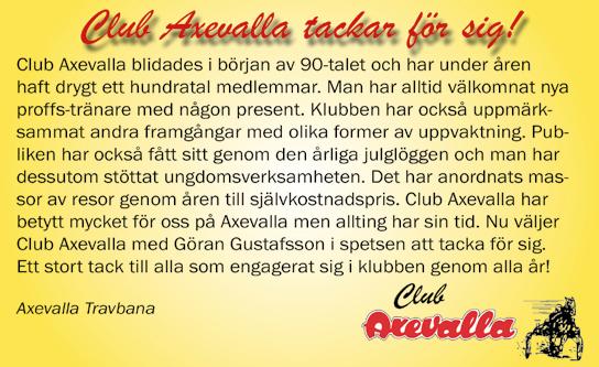 : LOPP b Club Axevalla tackar för sig -åriga och äldre högst.000.000 kr med högst 00 poäng. 0 m. Autostart. Pris: 0.000-.000-.00-.00-.00-.000-.000-.000 (8 priser) Hederspris till segrande hästs ägare.