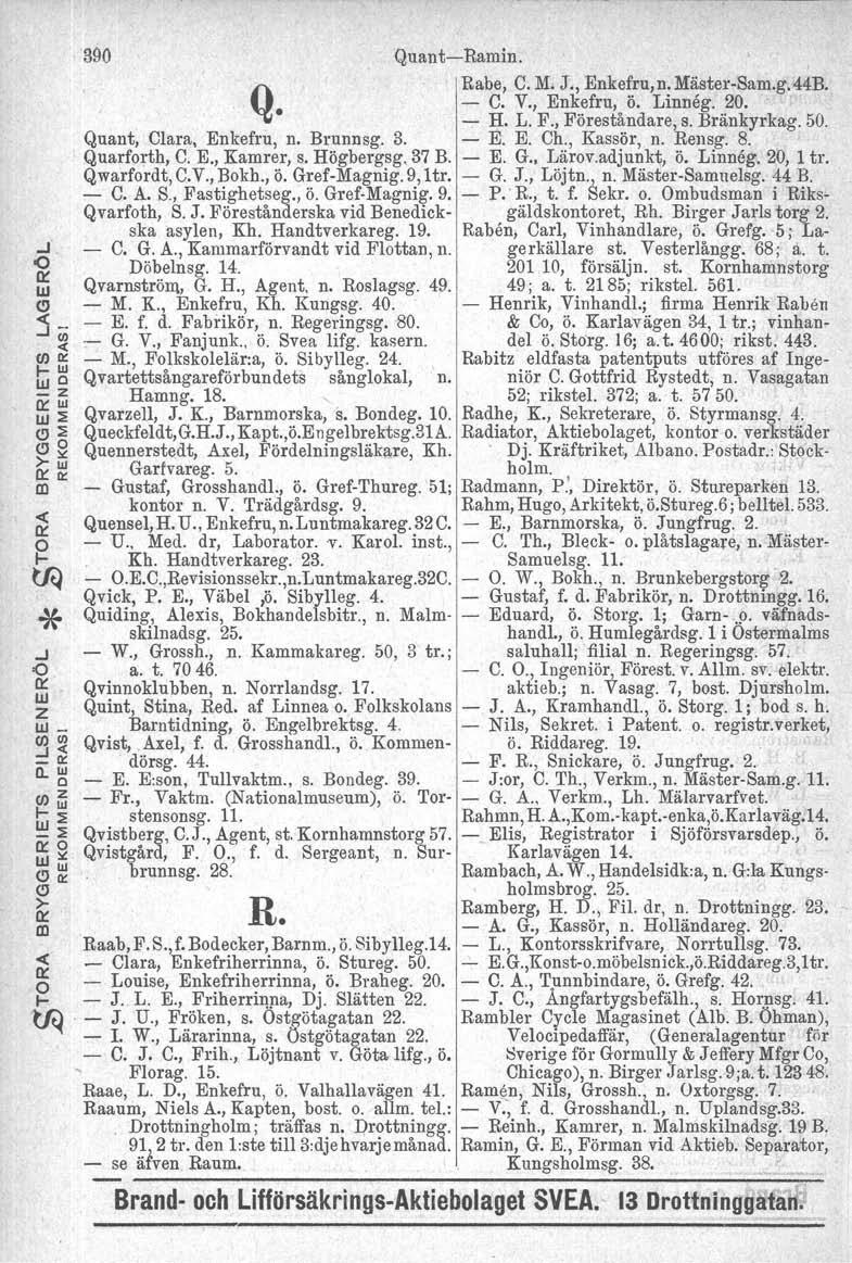 Radiato, 390 QuantRamin. Q. Rabe, C. M. J., Enkefu,n. MästeSam.g.44B. C. V., Enkefu, Ö. Linneg. 20. H. L. F., Föeståndae, s. Bänkykag. 50. Quant, Claa, Enkefu, n. Bunnsg. 3. E. E. Ch., Kassö, n.