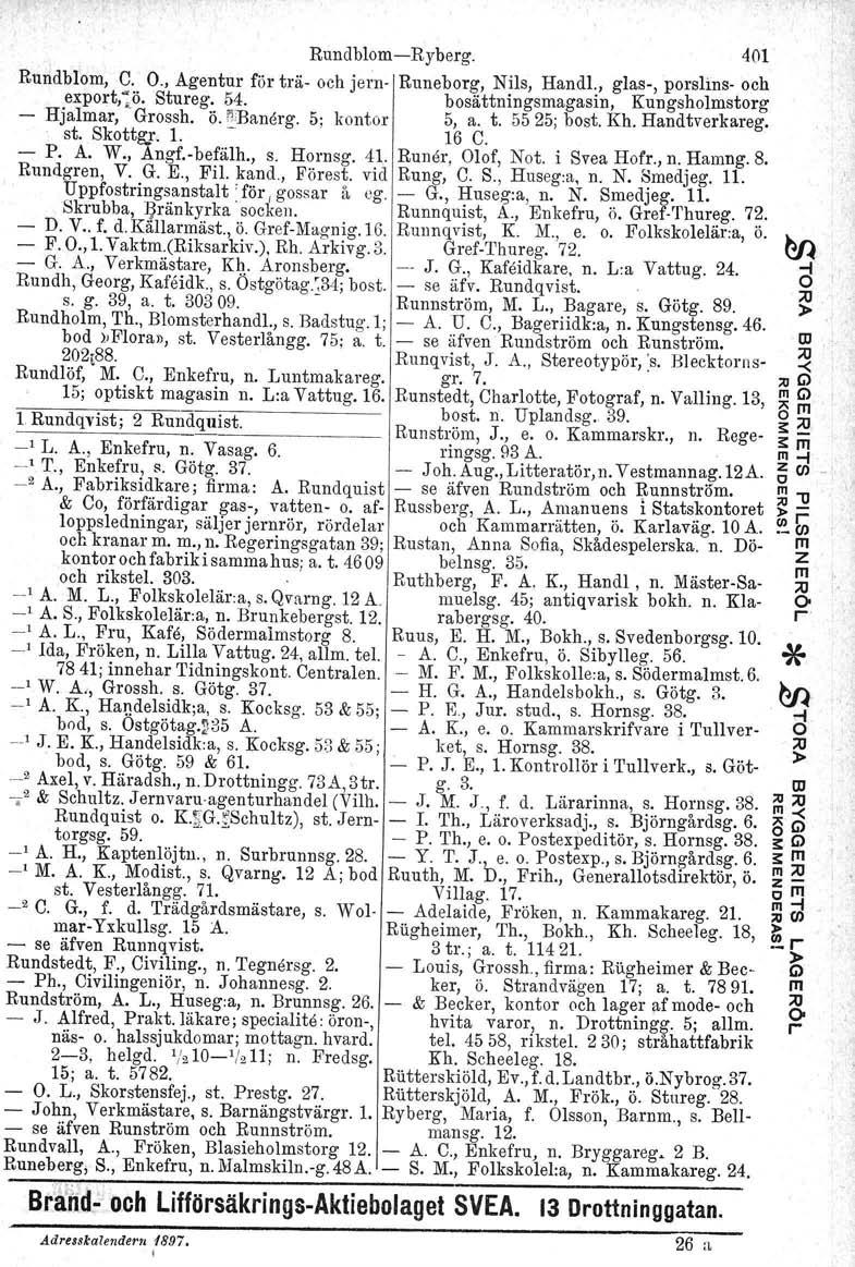 RundblomRybeg. 401 Rundblom, C. O., Agentu fö tä och jen Runebog, Nils, Handl., glas, poslins och expot,:ö. Stueg. 54. bosättningsmagasin, Kungsholmstog Hjalma, Gossh. st. Skottgj, 1. ö. Baneg.