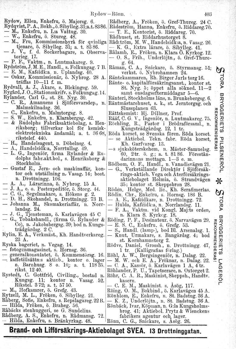 RydowRönn.. '10il Rydow, Ellen, Enkefu, ö. Majosg. 6. Rådbeg, A., Föken, ö. GefThueg. 24 C..Rydqvist, P. A., Bokh., ö. Sibylleg. 31;a.t. 8386. Rådestöm, Hanna, Enkefu, Ö. Riddaeg.70. M., Enkefu, n.