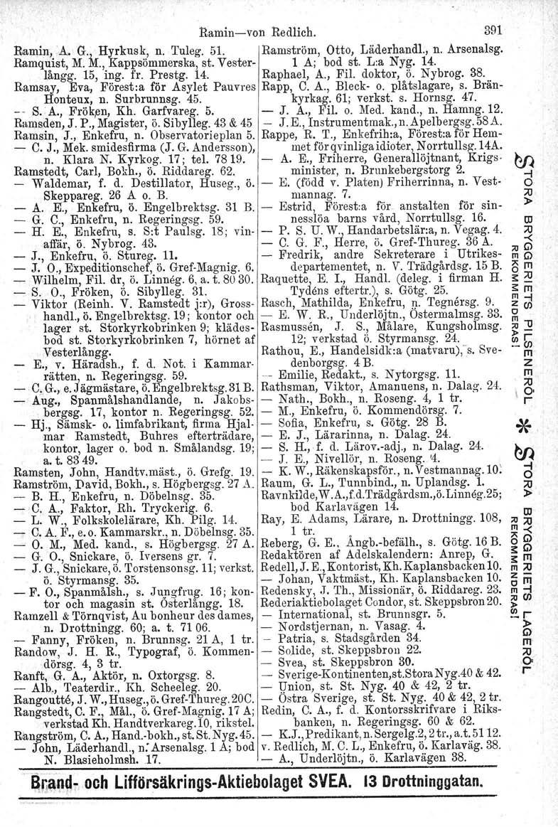 Raminvon Redlich. 391 Ramin, A. G., Hykusk, n. Tuleg. 51. Ramstöm, Otto, Lädehandl., n. Asenalsg. Ramquist, M. M., Kappsömmeska, st. Veste 1 A; bod st. L:a Nyg. 14. långg. 15, ing. f. Pestg. 14. Raphael, A.