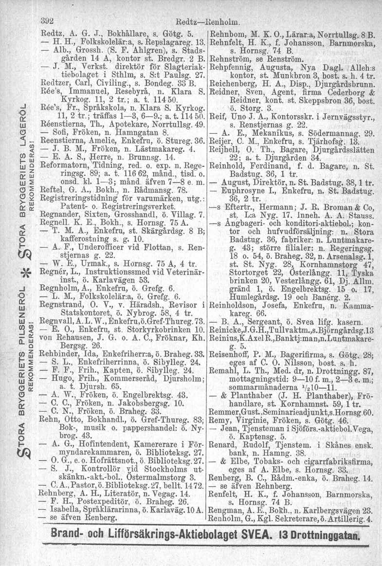 ...J D o:: Ul z Ul_ (J) 00...Jo( Q.llJ a (J) z I llj Ul::E ::E 0::0 Ull<: CJ o:: <C o:: 392 RedtzRenholm. Redtz, A. G. J., Bokhållae, s. Götg. 5. Rehnbom, M. K. O., Läa.a, Notullsg. 8 B. H.