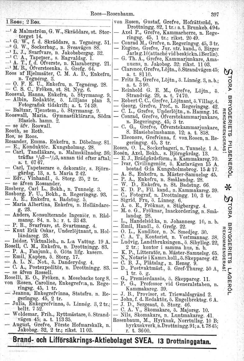 RoosRosenbaum. 397 1 Roos; 2 Ros... von Rosen,. Gustaf, Gefve, Hofättsåd, n. Dottningg. 82,1 t.: a. t. Bunkeb.494. _, & Malmstöm, G. W., Skäddae, st. Sto Axel P., Gefve, Kammahee, n. Regetoget 14.