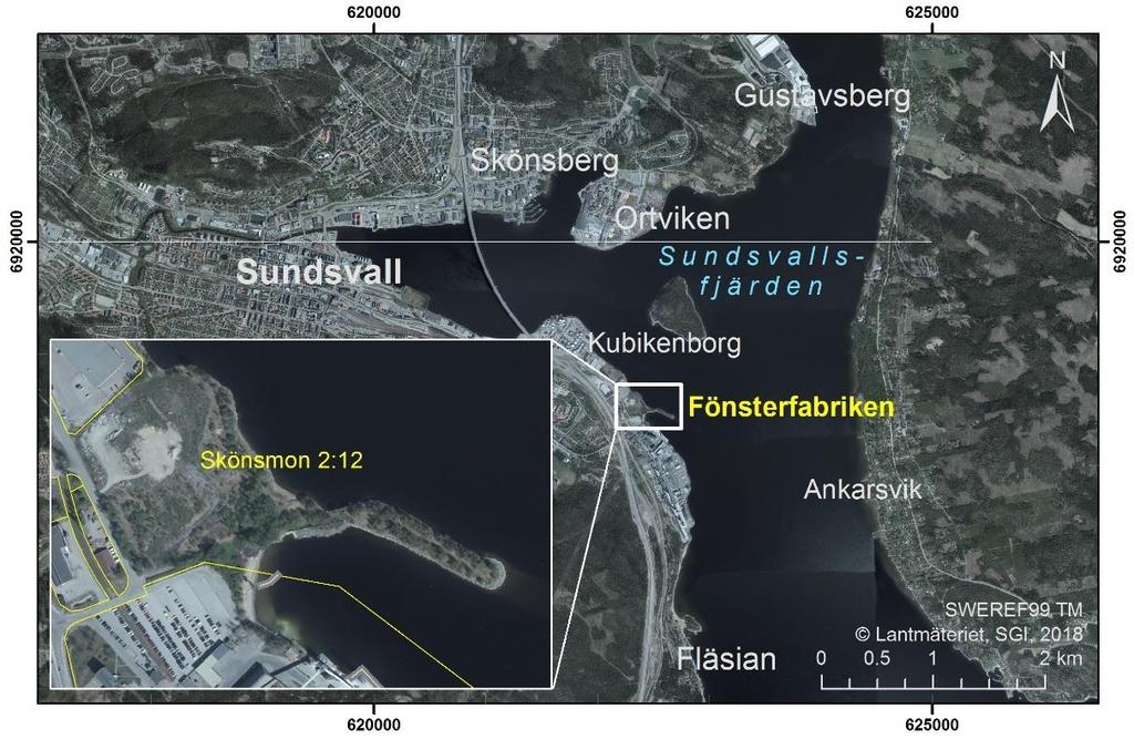 Figur 1. Översiktskarta med fastigheten Skönsmon 2:12 infälld som förstorad bild. I den kommunala översiktsplanen från 2014 anges Skönsmon 2:12 som utvecklingsområde för industriell verksamhet.