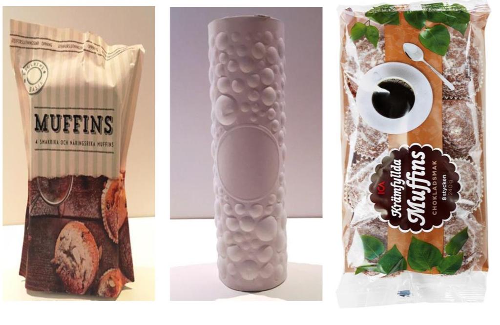 26 A B C Figur 13. Tre varianter av muffinsförpackningar. A= prototyp 1: pappersförpackning med återförslutning (kardborrband). B= prototyp 2: FibreForm från BillerudKorsnäs, lock för återförslutning.