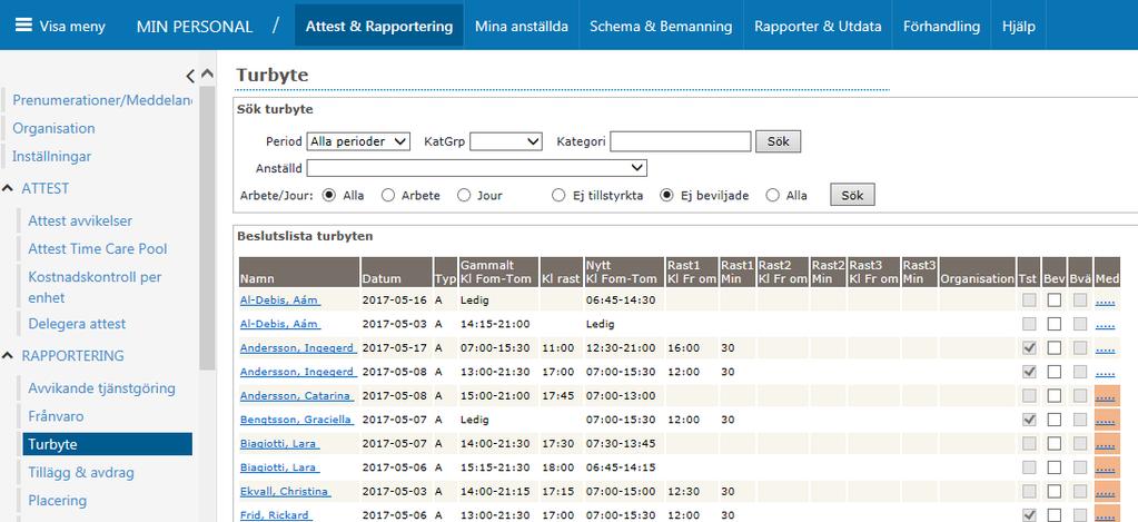 Turbyte Dina medarbetare kan byta turer med varandra. Dessa turer kräver ingen attest av chef utan blir direktbeviljade.