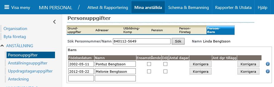 Under fliken Person-barn kan man lägga in samt dölja barn för medarbetare om barnet av någon anledning inte längre ska registreras