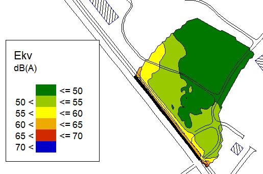 14 5.7 Effekt av vägnära bullerskärm vid lekplatsen i söder För att minska de ekvivalenta ljudnivåerna vid den planerade lekplatsen i söder skulle man kunna anlägga ett bullerplank mellan Kilenvägen