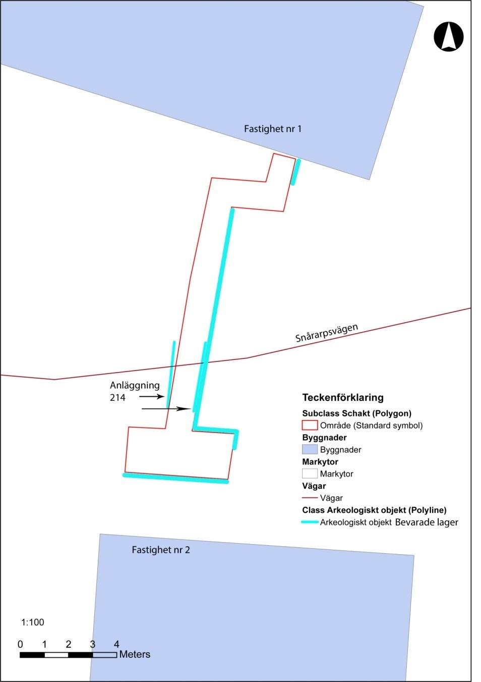 Figur 7. Beskrivning över kulturlager i schaktet vid Vä församlingshem. Bevarade kulturlager på cirka 0,5 0,6 m under dagens asfalt i stor del av schaktet.