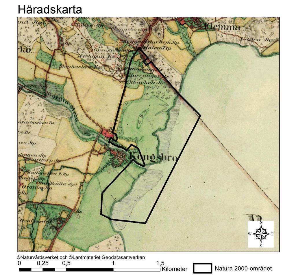 Natura 2000-område Natura 2000-kod Diarienummer Sida 48 av 50 Häradskartan, från slutet av 1800-talet, visar att området nyttjat som äng och åker, samt att de norra delarna varit beklädda med