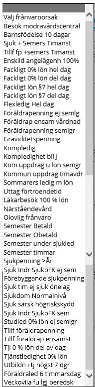 Förklaringar på Frånvaroorsaker Dessa frånvaroorsaker kan chef rapportera in i Självservice HR/Lön.