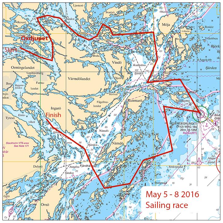 2016-05-05 6 Nr 597 Banans etapper: Getfoten - Oxdjupet - Saxarfjärden - Sandhamn - Biskopsö - Ingaröfjärden Getfoten 59-22,8N 018-21,5E Oxdjupet 59-23,9N 018-26,4E Saxarfjärden 59-26,3N 018-28,1E